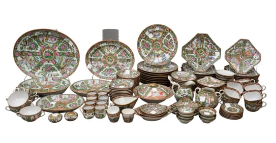 Large Collection of Chinese Rose Medallion China, incl; 9 Square Plates (7"d), 9 Sauce Dishes (5