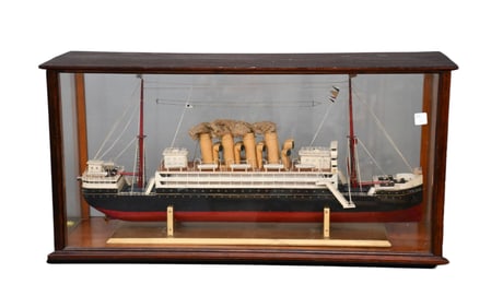 Antique Ship's Model, 4 Steam Stacks, 2 Masts in Custom Case, Case 17"h x 36"w