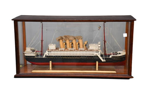 Antique Ship's Model, 4 Steam Stacks, 2 Masts in Custom Case, Case 17"h x 36"w: Antique Ship's Model, 4 Steam Stacks, 2 Masts in Custom Case, Case 17"h x 36"w
