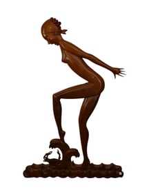 Art Deco Bather - Wood Lifesize Wall Sculpture of a Whimsical Female, Carved mahogany sculpture of a