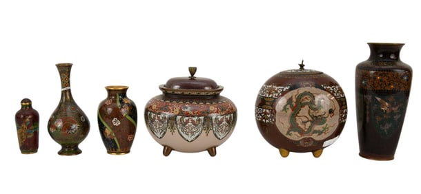 6 Fine Assorted Vintage Cloisonne Tablewares, tallest is 6 1/2"h, smallest is 3"h