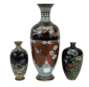 3 Fine Vintage Cloisonne Vases, tallest is 12"h, smallest is 6 1/2"h