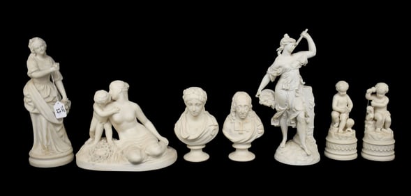 Collection of 7 English Parian Classical Figures, tallest is 14"h, smallest is 7"h