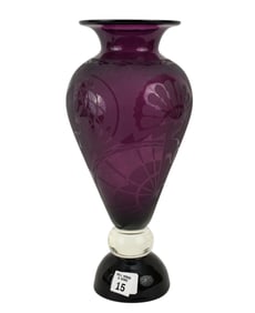 Amethyst Engraved Pedestal Vase, engraved 1992, 13 1/2"h x 7"d