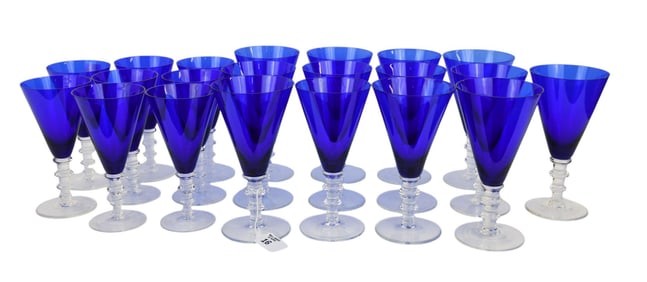 20 Cobalt Glass William Yeoward Stemware Pcs, 12 are 7 1/2"h, 8 are 6 3/4"h