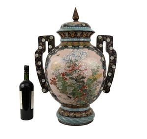 Large Chinese Footed Cloisonne Vessel, 20th Century, Features a large panel on each side, one with