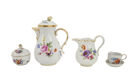 Meissen Porcelain, Teapot & Lid, Creamer, Covered Pote De Crème, Teacup and Pin Dish