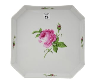 Meissen Porcelain Tray, Pink Rose Motif on White Ground, 11" x 11"