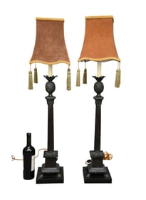 Pair Maitland Smith Columnar Lamps with Pineapples on Stone Bases, Shades, 39"h