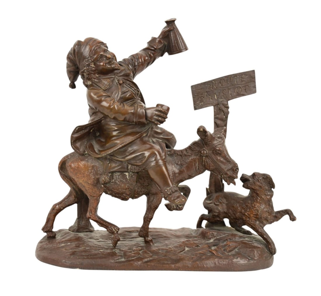 Bronze Jolly Guy on Donkey, "Route D'yvetot" 9"h x 12"w: Bronze Jolly Guy on Donkey, "Route D'yvetot" 9"h x 12"w
