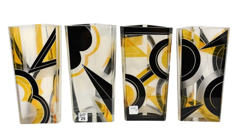 4 Czech Art Deco Enameled Glass Vases, Yellow, Black, Frosted and Clear Glass Triangular Vases,