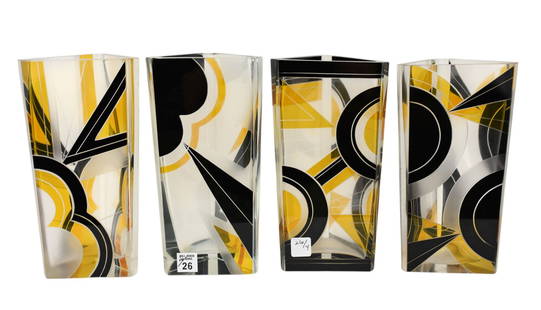 4 Czech Art Deco Enameled Glass Vases, Yellow, Black, Frosted and Clear Glass Triangular Vases,: circa 1930/40s, probably Karl Palda designs: 4 Art Deco Yellow, Black, Frosted and Clear Glass Triangular Vases, 20 Century Czechoslovakian, H.10 ½”