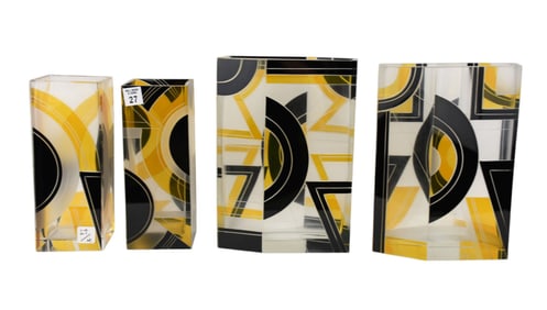4 Czech Art Deco Yellow, Black, Frosted and Clear Glass Vases, 2 Tapered Angular