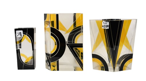 3 Czech Art Deco Yellow, Black, Frosted and Clear Vases, Diamond Shape, Arrow and Square Shape,