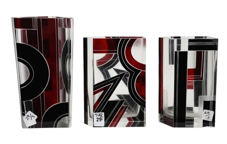 3 Czechoslovakian Art Deco, Red, Black, Frosted and Clear Glass Vases, 20th Century