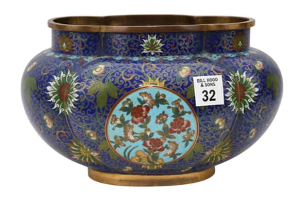 Chinese Cloisonne Oval Gourd Shaped Footed Bowl, 20th Century, The cobalt ground with turquoise