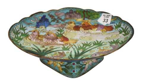 Chinese Cloisonne Footed Oval Dish, China, 20th Century, Decorated with fish and ducks, H. 3?? X W.