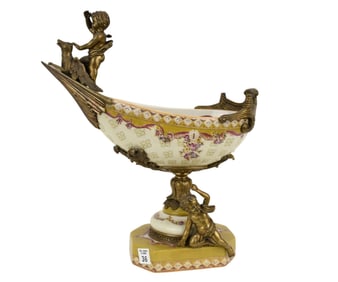 Centerpiece, Ceramic & Gilt Metal Boat Shape with Cherubs, 16"h x 15"w