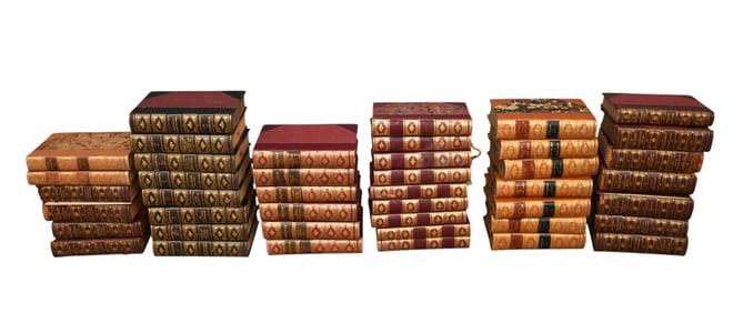 Mostly Leatherbound Books, 11 Washington Irving Works, 6 Carlyre, 9 James Russell Lowell, 8
