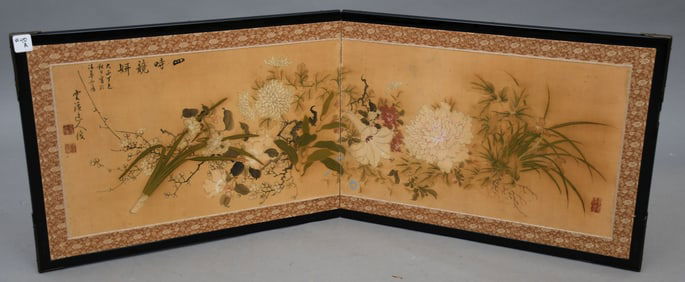 Chinese Two Panel Table Screen Circa 1885-1945 With flowers and vines. Having a poem and signatures.
