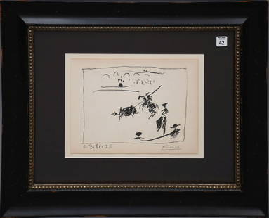 Pablo Picasso (Spanish 1881-1973) Lithograph - "La Pique" pencil signed lower right edition 20/50.: Pablo Picasso (Spanish 1881-1973) Lithograph - "La Pique" pencil signed lower right edition 20/50. sight size 9-1/2 x 12-1/2 inches. overall framed size 21-1/2 x 25-1/2 inches. Slight Toning around ed