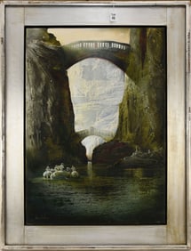 Ludovico de Luigi (ITALIAN, 1933) oil on canvas, Surreal painter. Grand Canyon with Venice Bridges