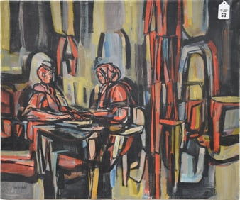 Tom O’Hara (American 20th C.) oil on canvas, Table Conversation- 1964.  signed lower left.