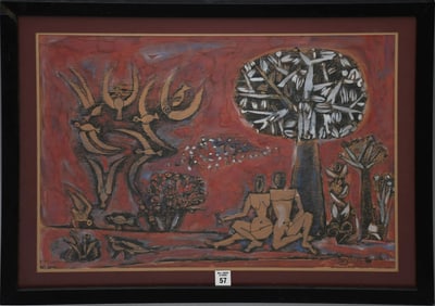 Julio Alpuy (Uruguayan, 1919-2009) Tempera on Paper, Adam and Eve in the Garden of Eden, painting