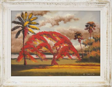 Willie Daniels (1950-2021) Florida Highwaymen Painting. Vibrant Red Royal Poinciana Tree, tall palm