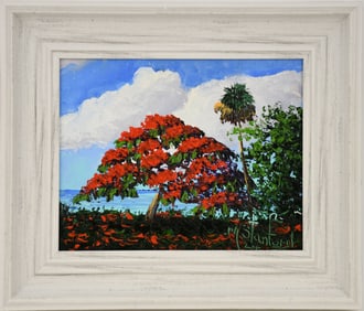 MARK STANFORD FLORIDA ARTIST - ROYAL POINCIANA TREE. Oil on artist board, palette knife technique,