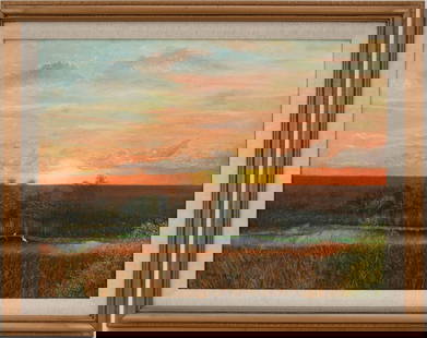Michael Hodowal (American, born 1959). An original oil painting on Canvas. "Everglades Sunset" a: Michael Hodowal (American, born 1959). An original oil painting on Canvas. "Everglades Sunset" a Florida wetlands landscape with birds in flight, trees, and flora, under an orange fire sky sunset. Art