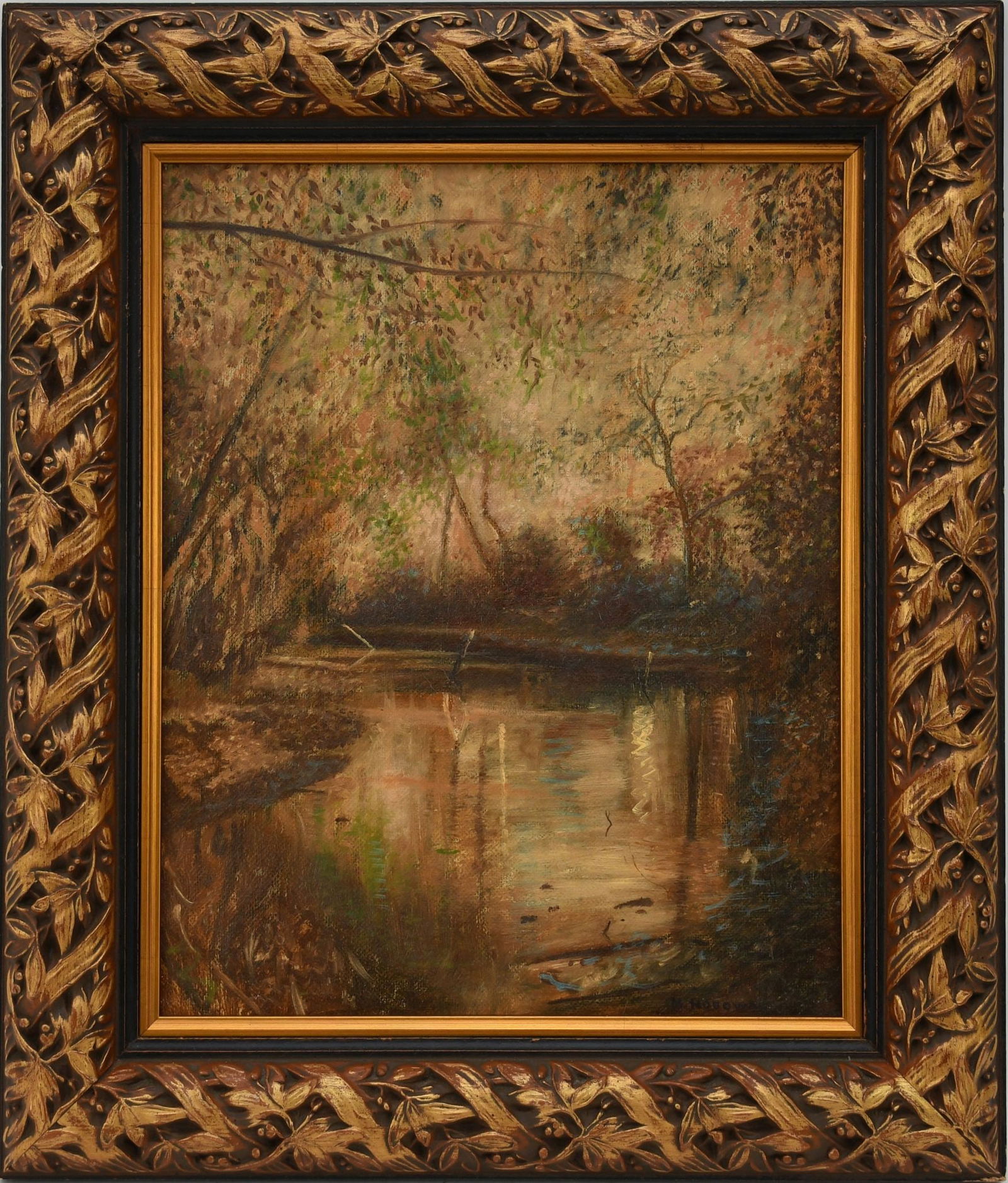 Michael Hodowal (American, born 1959)  Oil on canvas, Landscape Pond Scene, painting is 15 x 12 (1 of 5)