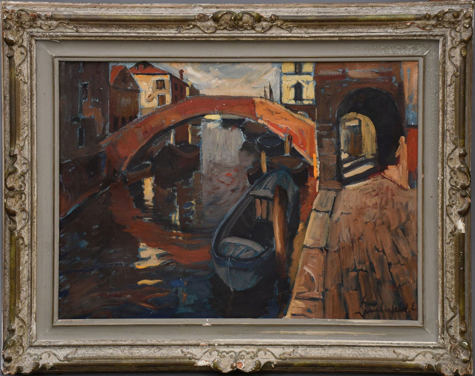Emil Lindenfeld (Hungarian-American, 1905-1986) oil on canvas painting, Venice Bridge Canal scene. (1 of 5)