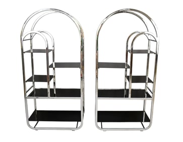 Pair of Chrome and Black Glass Mid-Century Modern Domed Open Etageres, Circa 1960’s