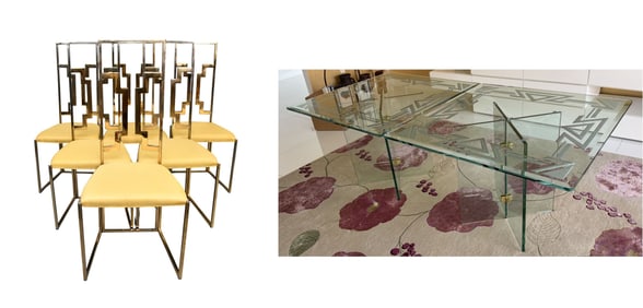 Table & 6 Chairs: Modernism Art Deco Style Etched Glass Dining Table by Stephen Schlanser, 20th