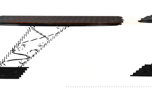 Contemporary Art Deco Style Rosewood, Satinwood and Abalone Shell Console Table: Contemporary Art Deco Style Rosewood, Satinwood and Abalone Shell Console Table 20th Century, With iron base with “S&rdquo; scroll open work central supports, on a rectangular metal stand, No appare