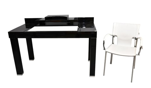 Black lacquer contemporary desk, no apparent maker, The rectangular top with cubbies, over a single