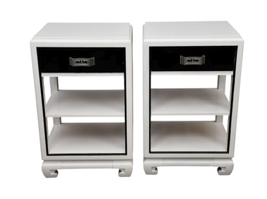 Pair of white and black Mid Century Lacquer three drawer night stands, attributed to James Mont. H.