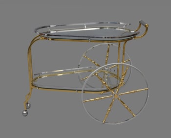 2 Tier Chrome & Brass Tone Unusual Shape Bar Cart, 30"h x 40"w x