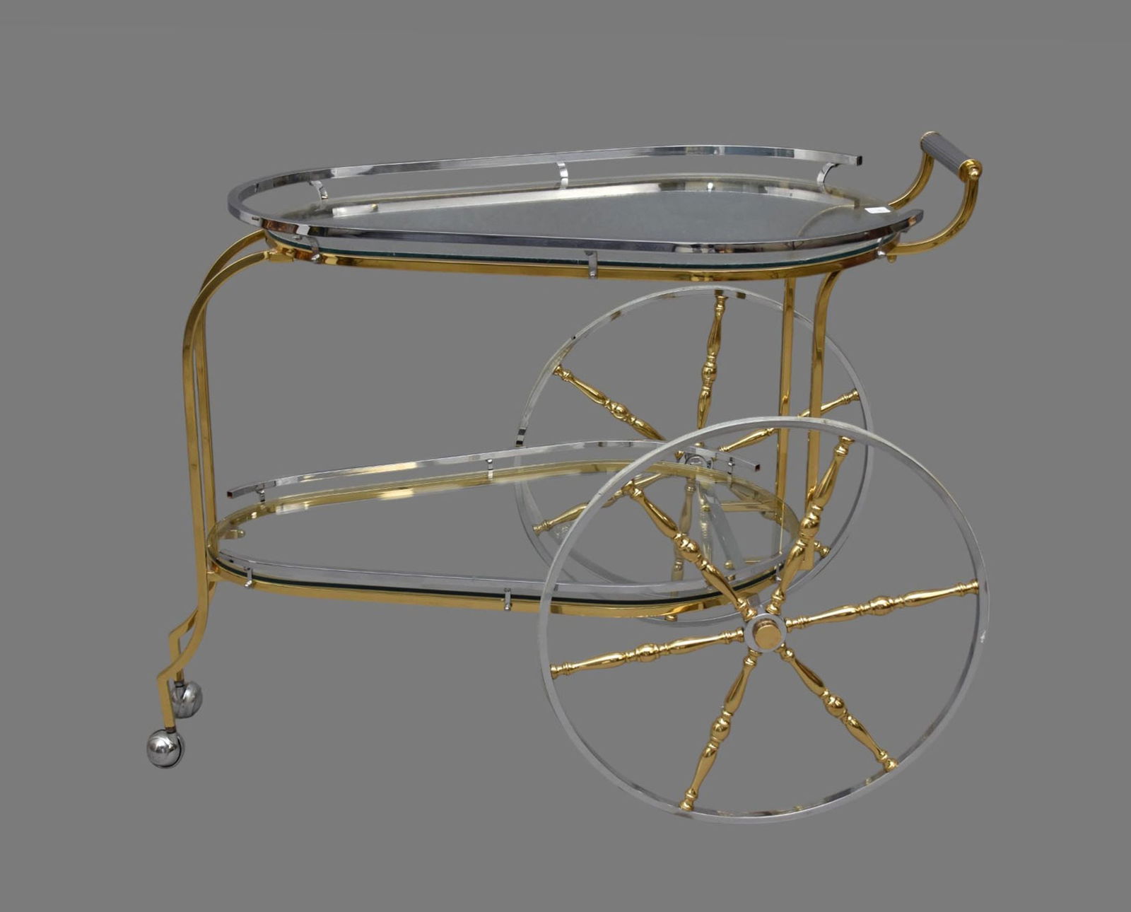 2 Tier Chrome & Brass Tone Unusual Shape Bar Cart, 30"h x 40"w x (1 of 5)