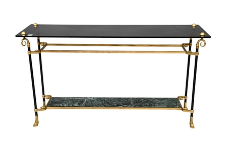 Console, Brass & Black Metal Frame with Smoky Glass Top & Green Marble Shelf on Hoof Feet, 26"H x