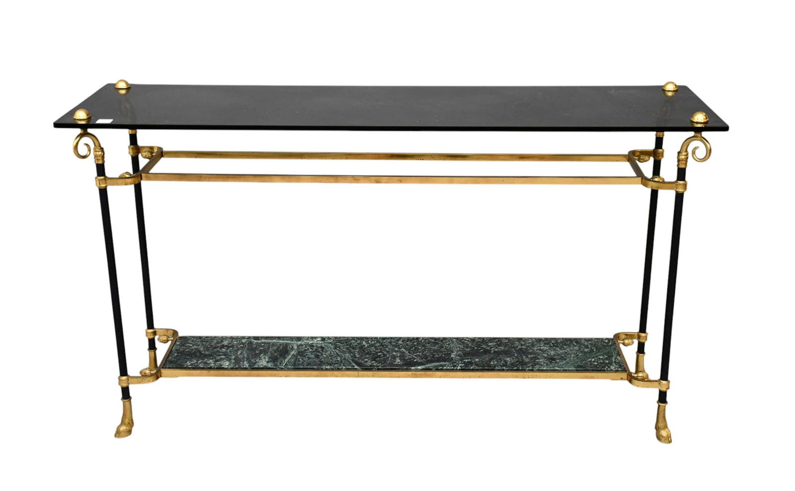 Console, Brass & Black Metal Frame with Smoky Glass Top & Green Marble Shelf on Hoof Feet, 26"H x (1 of 4)