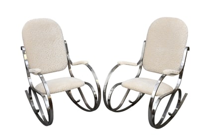 Pair of Modern Chrome Thornet Style Rockers, 20th Century, Cream Color Patterned upholstered back,