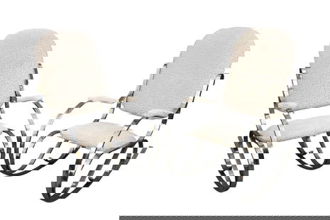 Pair of Modern Chrome Thornet Style Rockers, 20th Century, Cream Color Patterned upholstered back,: Pair of Modern Chrome Thornet Style Rockers, 20th Century, Cream Color Patterned upholstered back, seat and arm rests, H. 46” X W. 22 ½” (chrome slightly pitted) ***If this item is