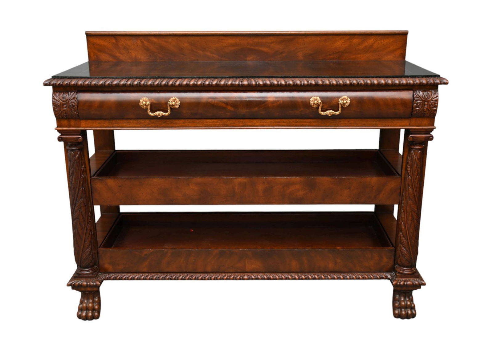 Maitland Smith Mahogany Server With tessellated marble top, Single Drawer over 2 Pull Out open (1 of 10)