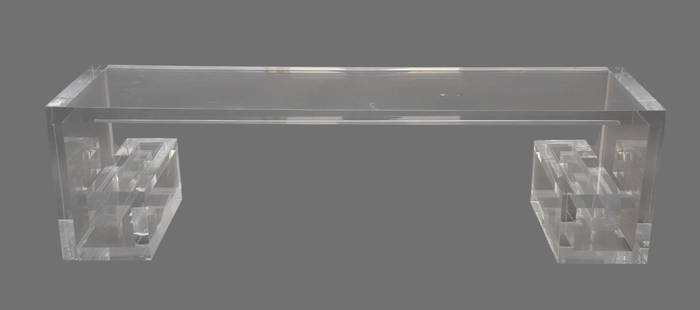 Contemporary Lucite Console Table, 20th Century, The rectangular top over Greek key supports, No: Contemporary Lucite Console Table, 20th Century, The rectangular top over Greek key supports, No apparent manufacturer, One of the supports is broken off (see pic) H. 16&rdquo; X W. 59&rdquo; X D. 16&
