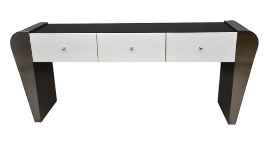 Contemporary Mixed Medium Console Table, Having curved polished metal supports. Three white lacquer