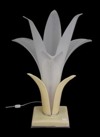 Mid Century Acrylic Flower Table Lamp, Roger Rougier Style, Leaf Form Frosted White & Yellow, 28"h