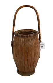Japanese Bamboo Footed Basket with Handle, Mid. 20th Century, tightly woven ring foot, The body with