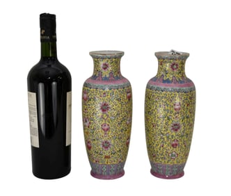 Pair of Famille Jaune Baluster Form Vases, Republic Period, Of stylized form with pink and blue